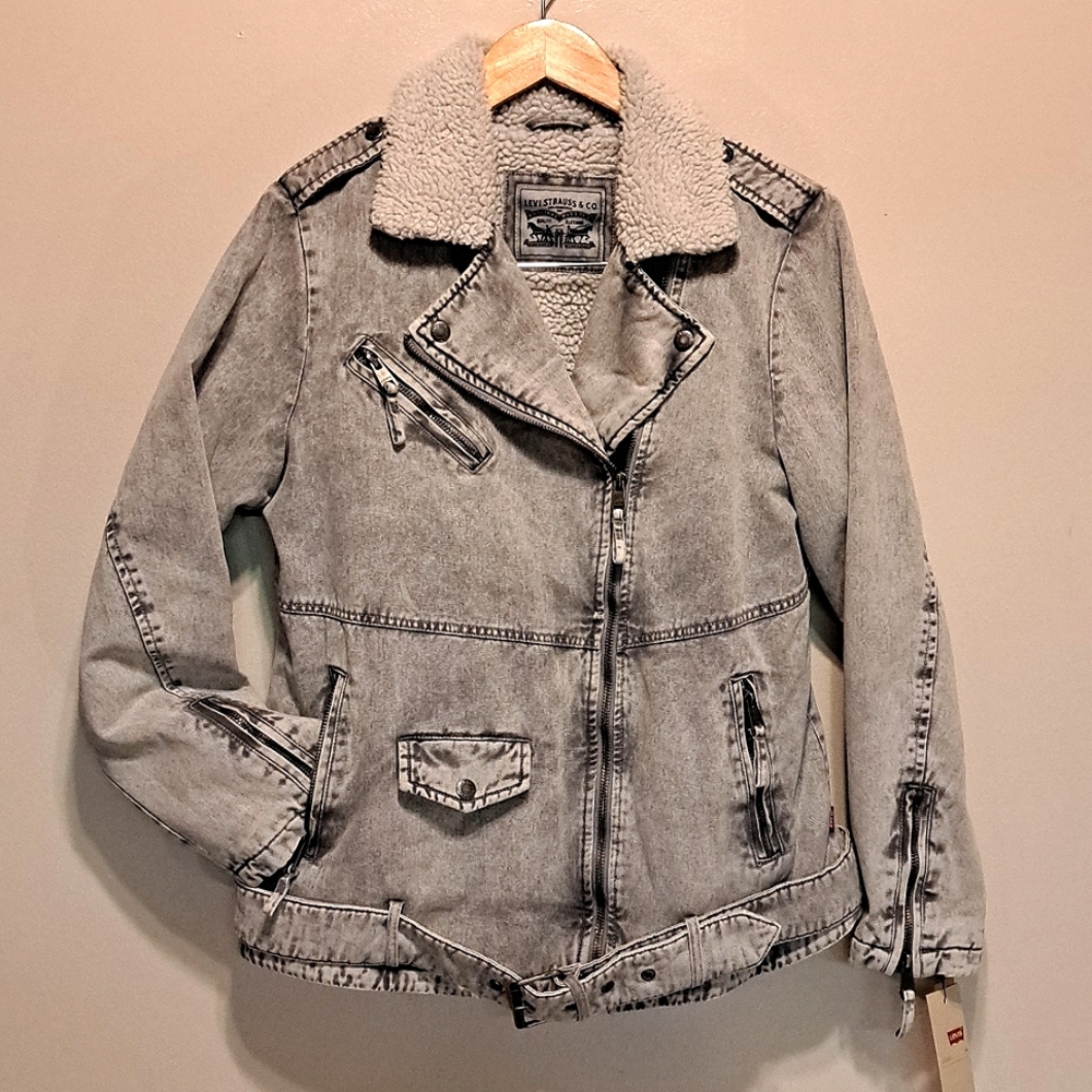 Levi's Washed Grey Denim-Sherpa Fall/Winter Biker Jacket/Coat Size M - Picture 3 of 15